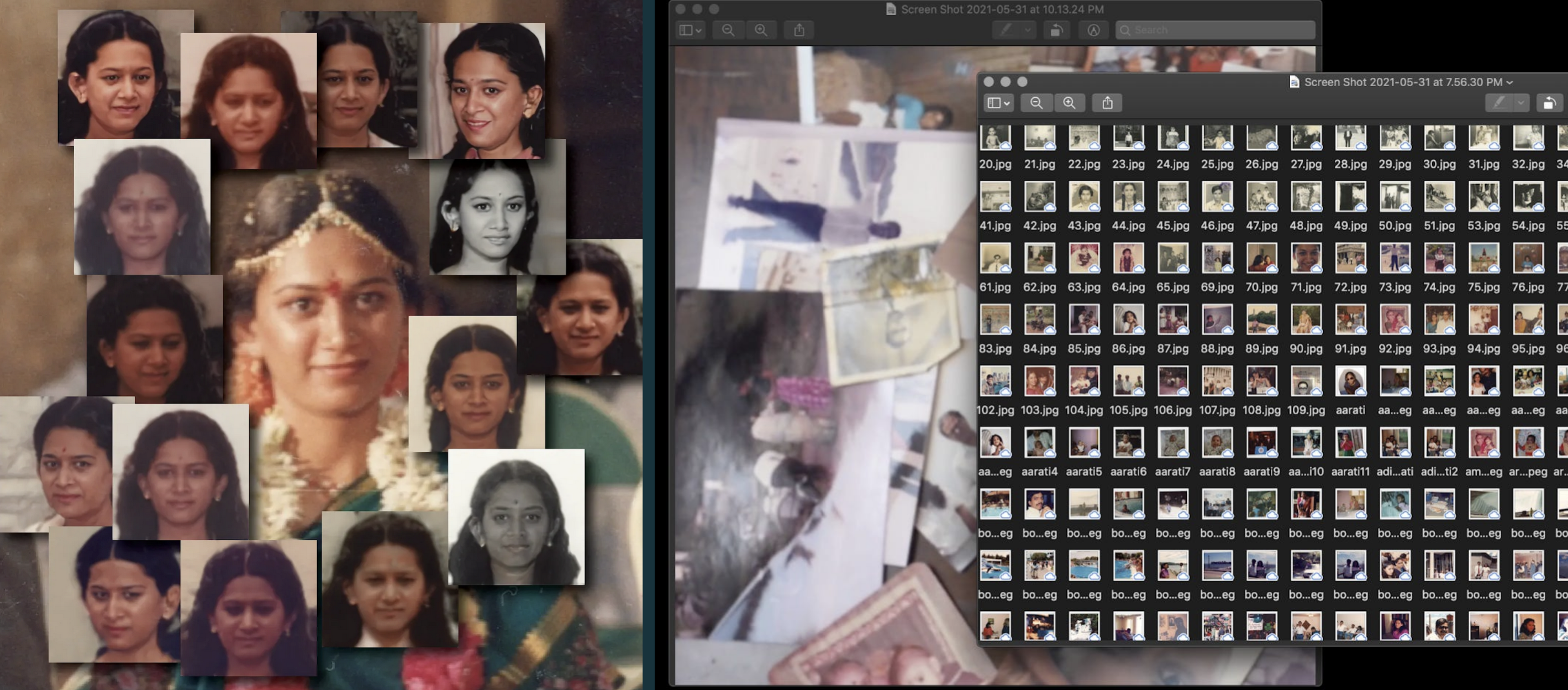 on the left is a photograph of Aarati's mother surrounded by blurry generated images of faces that look somewhat like her. On the right is a screenshot of Aarati's desktop with a folder open with multiple image files and another window open with a photo of physical family photographs scattered on a table