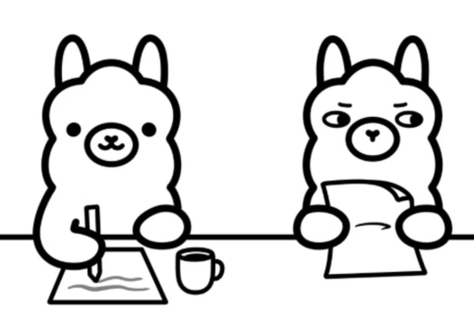 two cartoon llamas. one is writing on a piece of paper with a cup of coffee to the side and the other is reading a piece of paper.