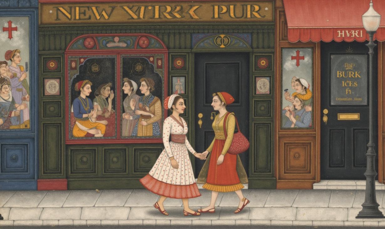 a new york street scene in the style of indian miniature paintings