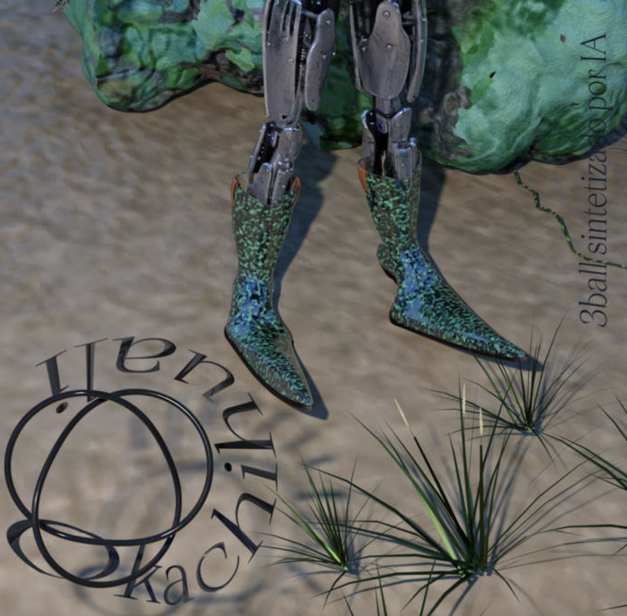 digital rendering of grass, water, sand and a robot's legs in shiny boots. This is the album cover for hexorcismos' Okachihuali