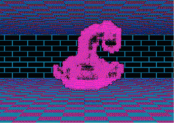 A pixelated creature with a single eye, a mouth, and one arm.