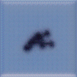 gif of the generated outputs that look like fuzzy stick figures against a blue sky
