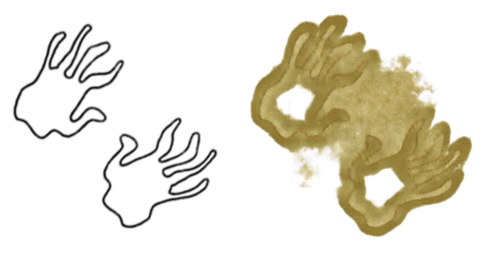 Traced outlines of hands and generated image of hands that looks like its on fire
