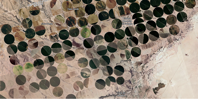 screen capture of google earth showing circular fields